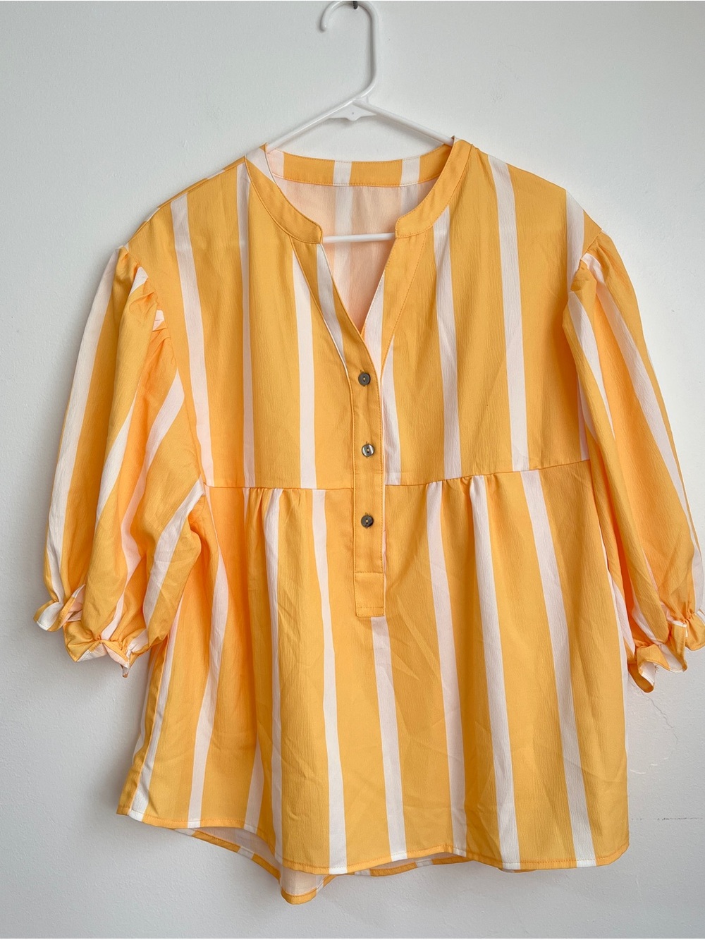 Women Yellow and White Striped Peasant Blouse With Button Front Size L Light